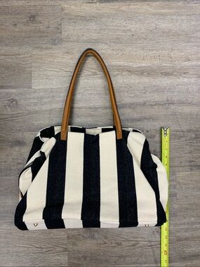 Sole Society Black & Cream Striped Tote with Tan Leather Handles